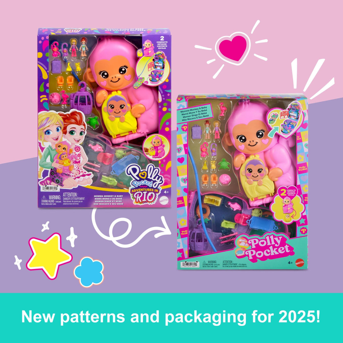 Polly Pocket Momma Monkey & Baby Playset With 2 Micro Dolls, Pets & 13 Accessories, 2-In-1 Purse & Toy