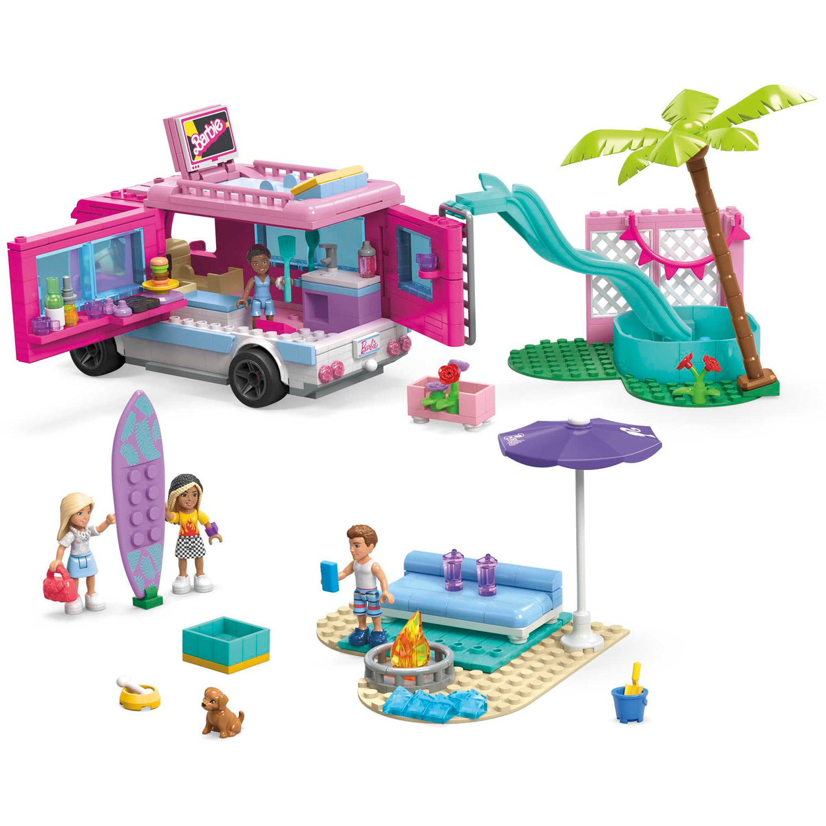 MEGA Barbie Dream Camper Adventure Building Kit Playset With 4 Micro-Dolls (580 Pieces)