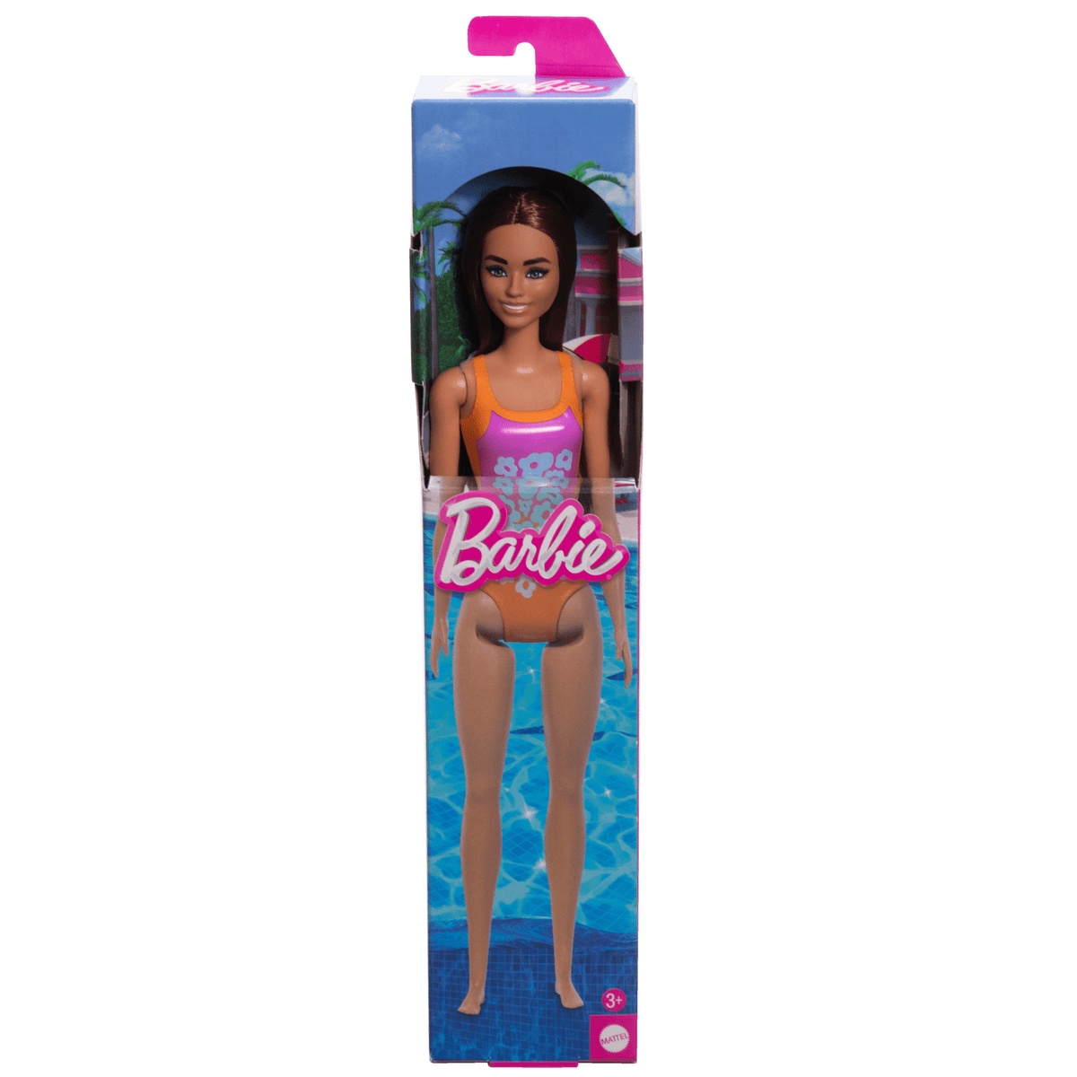 Barbie Poupée Plage Cheveux Brun Clair, Maillot Rose et Orange