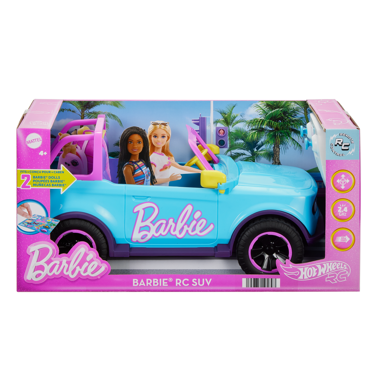 Hot Wheels Barbie RC Suv & Stickers, Battery-Powered Toy Truck, Fits 2 Barbie Dolls