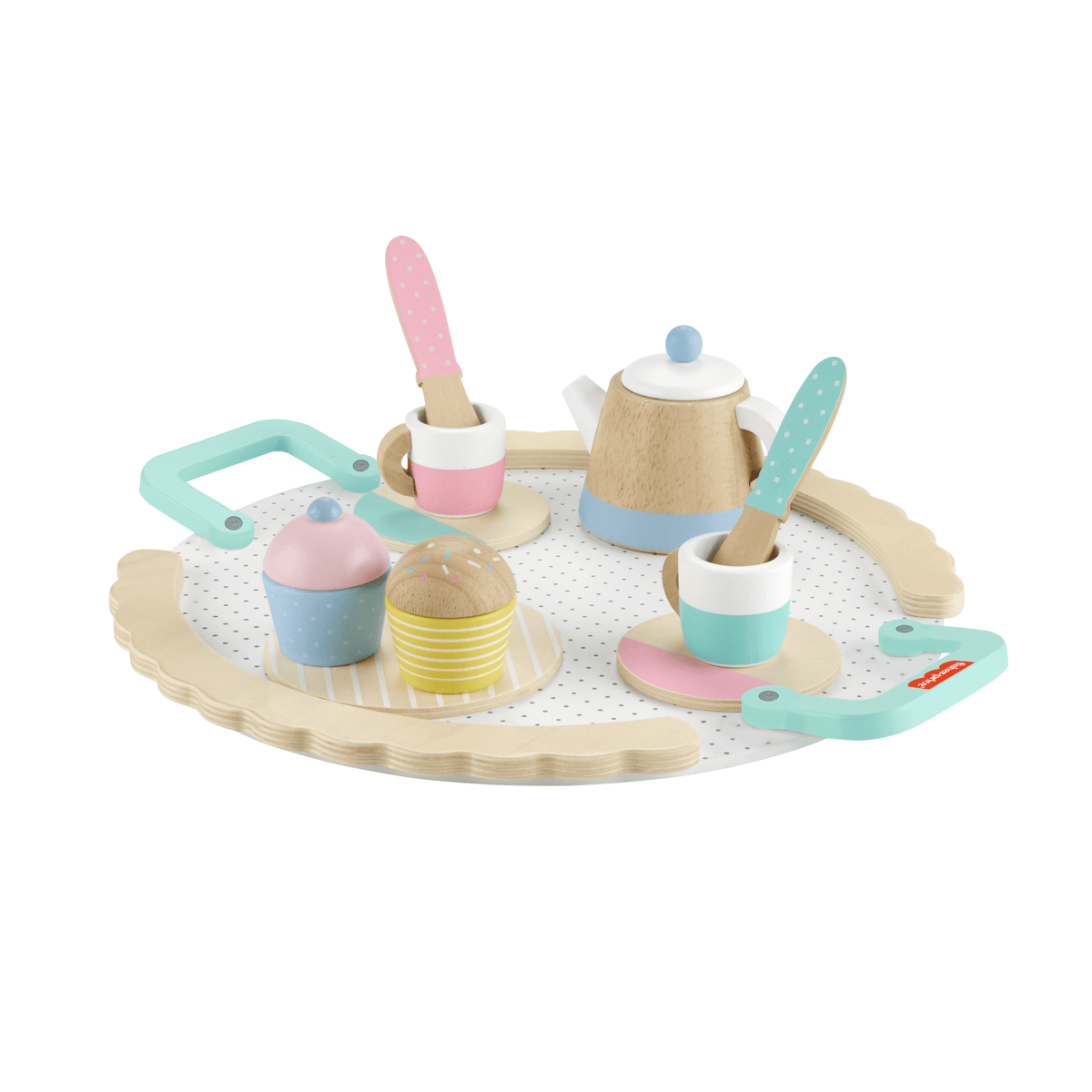 Fisher-Price Wood Pretend Play Toy Tea Set, 12-Piece Wooden Playset With Teapot, Cups & Saucers For Preschool Kids Ages 3+ Years