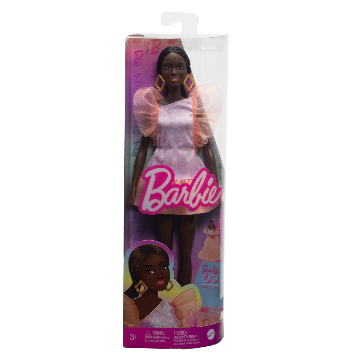 Barbie Fashionistas Doll #216 With Tall Body, Black Straight Hair & Peach Dress, 65Th Anniversary