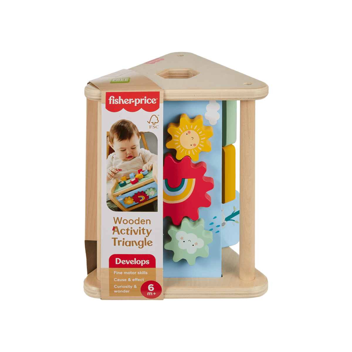Fisher-Price Wooden Activity Triangle, 3-Sided Fine Motor Toy For Baby, 1 Wood Piece