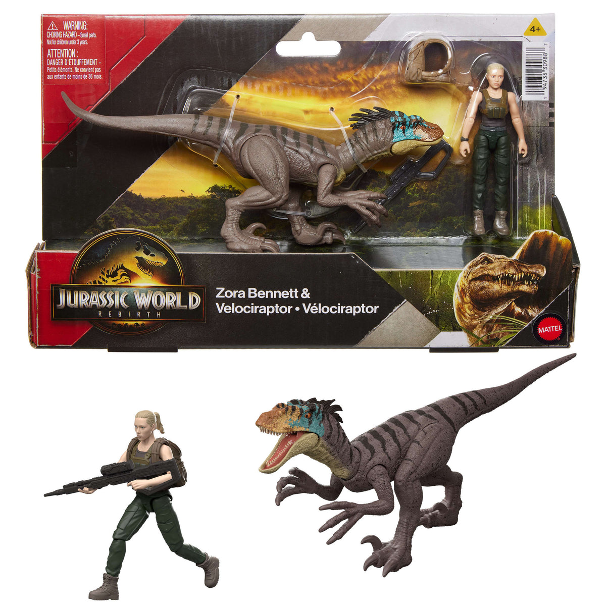 Jurassic World Rebirth Zora Bennett & Velociraptor Figures Pack, Movie Authentic 3.75 Inch Scale