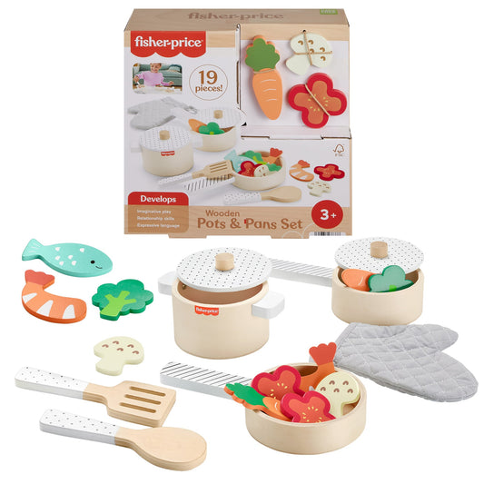 Fisher-Price Wooden Pots & Pans Set For Preschool Kitchen Pretend Play, 19 Wood Pieces