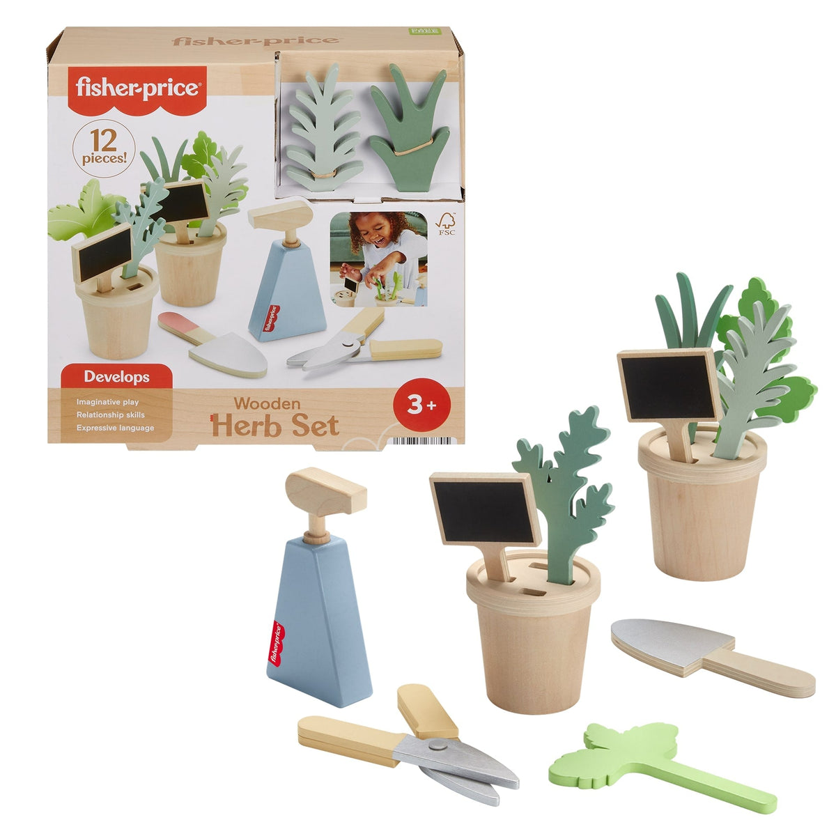 Fisher-Price Wooden Herb Garden And Tools Pretend Playset For Preschool Kids, 12 Wood Pieces