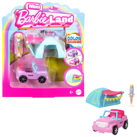 Barbie Mini Barbieland Doll & Vehicle Set With 1.5-inch Doll, Color-Change Suv & Tent Accessory