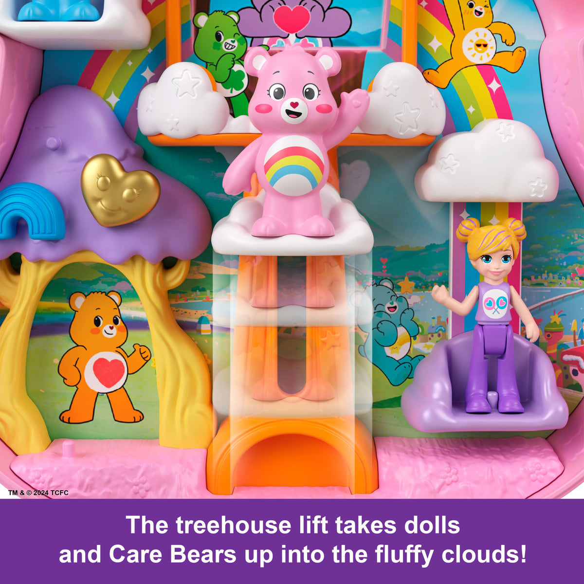 Polly Pocket X Care Bears Dolls & Playset With Toy Car And Themed Accessories, Compact Travel Toy