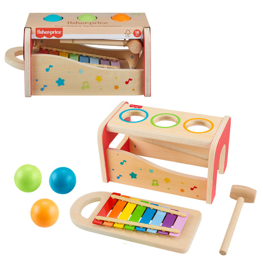 Fisher-Price Wood Toddler Toy Pound & Tap Bench Xylophone, 6-Piece Wooden Musical Activity For Preschool Kids Ages 18+ Months