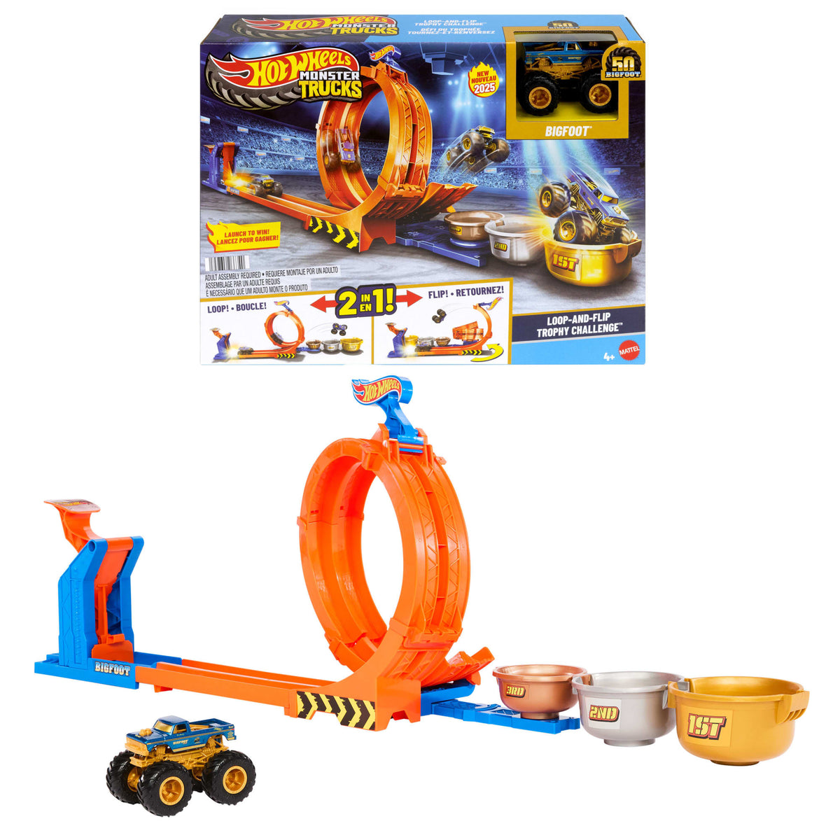 Hot Wheels Monster Trucks Loop-And-Flip Trophy Challenge Playset & Die-Cast Bigfoot Toy Truck