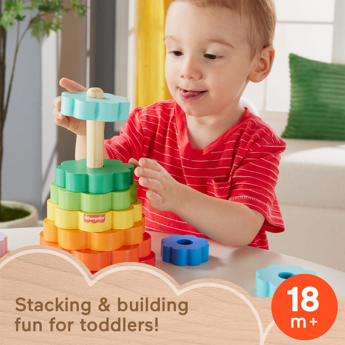 Fisher-Price Wooden Ring Stacker Toddler Fine Motor Toy, 10 Wood Pieces