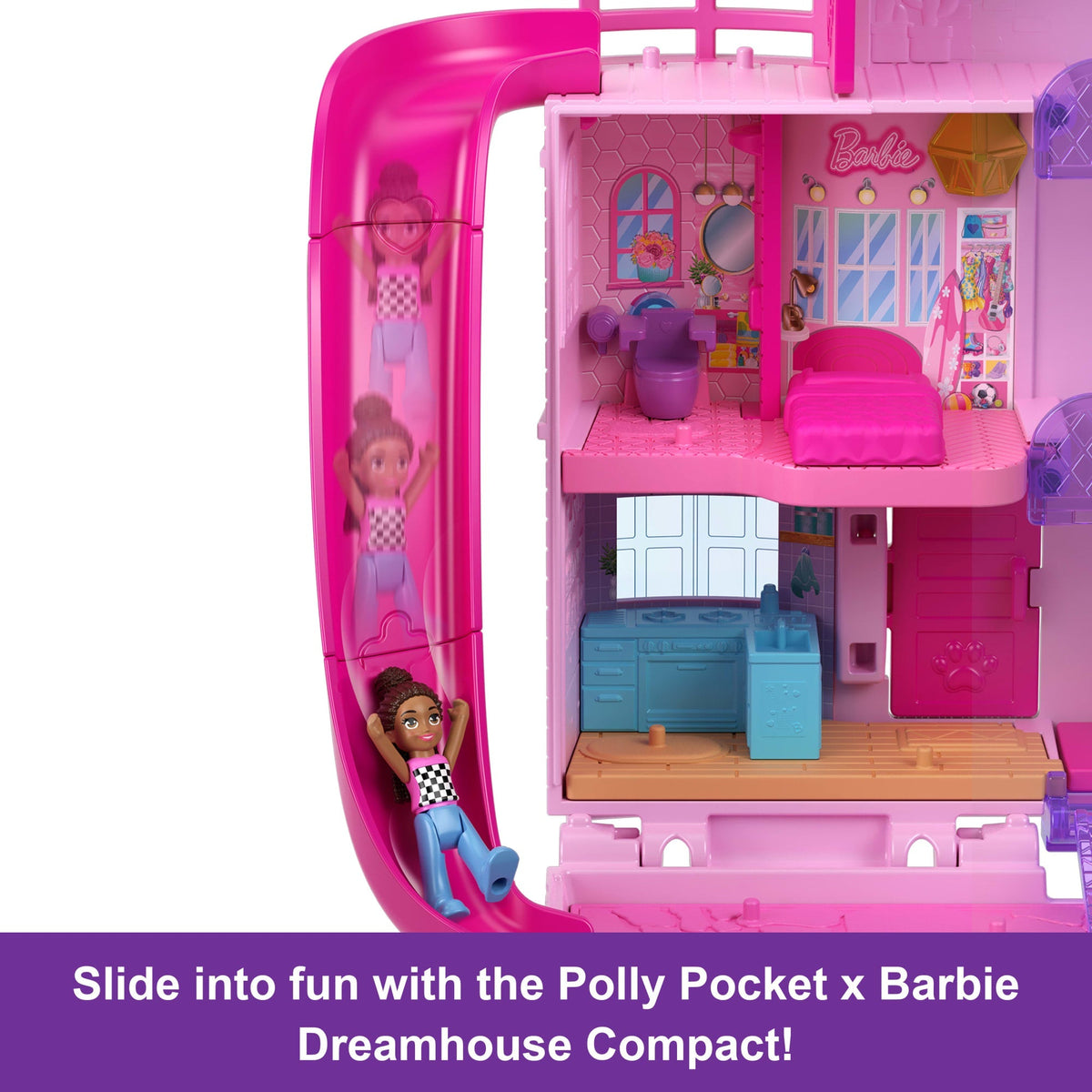 Polly Pocket Barbie Dreamhouse Compact, Dollhouse Playset With 3 Micro Dolls, 1 Pet & 11 Accessories