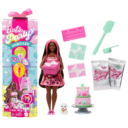 Barbie Party Unboxed Pet Birthday Series Doll & Accessories, Shimmerin’ Hearts Set With 10 Surprises