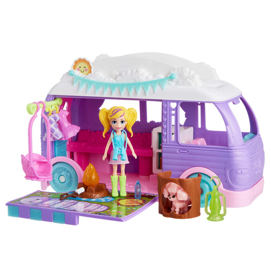 Polly Pocket Glamping Camper Van, Doll & Pet Playset, Camping & Food Accessories, Travel Toy