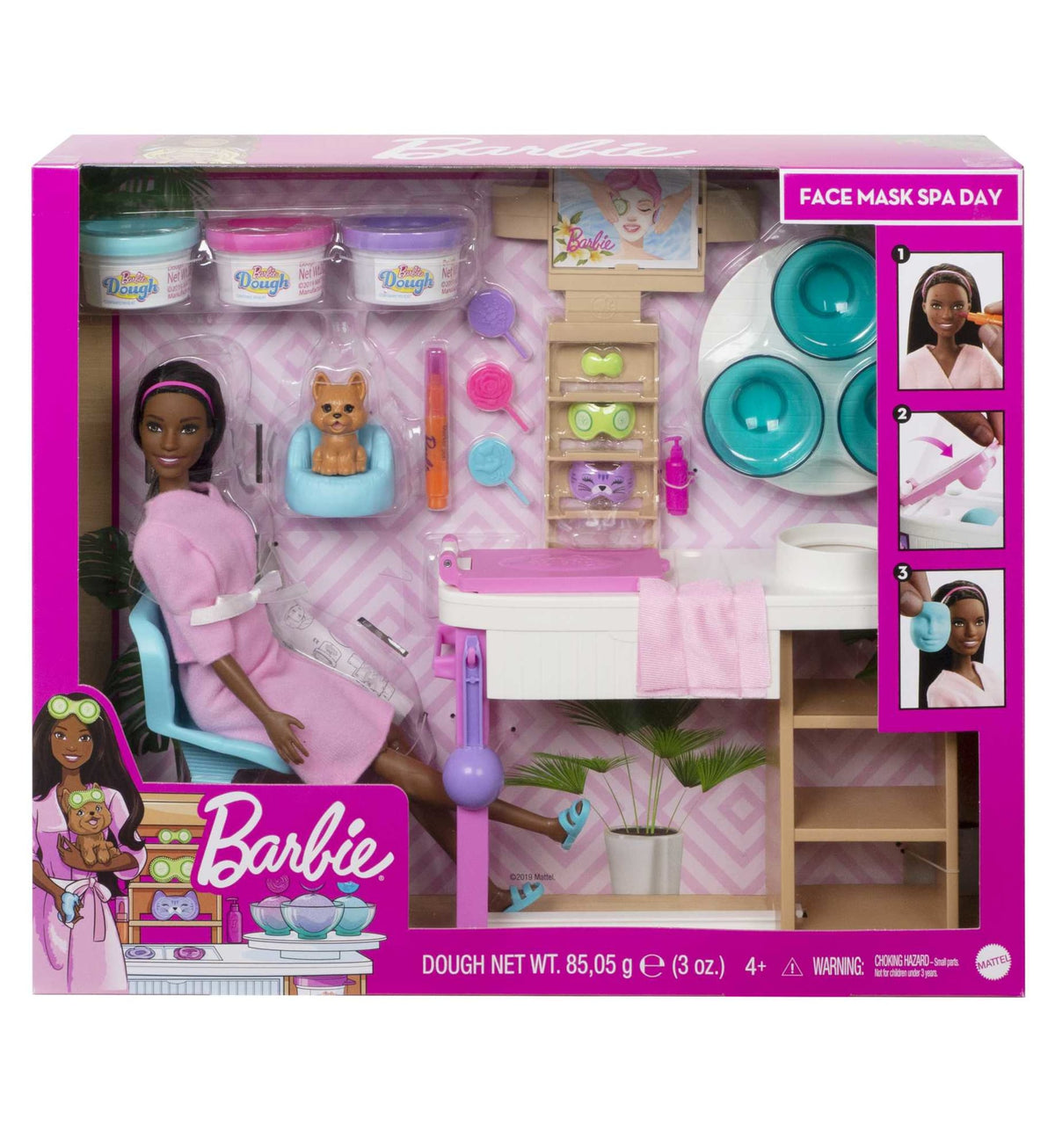 Barbie Face Mask Spa Day Playset, Brunette Barbie Doll, Puppy, Molding Toy & Dough