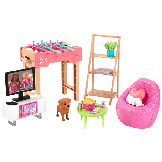 Barbie World Game Room Set With 19 Dollhouse Accessories Including Furniture, Foosball Table & Pets