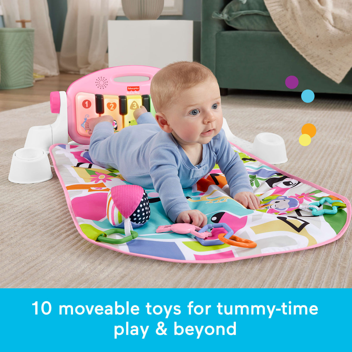 Fisher-Price Glow And Grow Kick & Play Piano Gym Baby Playmat With Musical Learning Toy, Pink