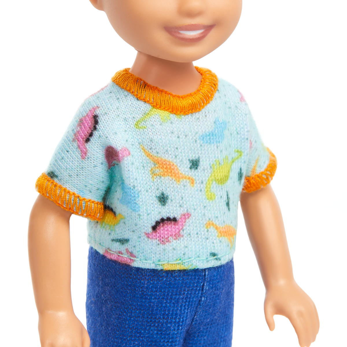 Barbie Chelsea Doll, Small Boy Doll Wearing Removable One-Piece With Dino Print, Blond Hair & Blue Eyes
