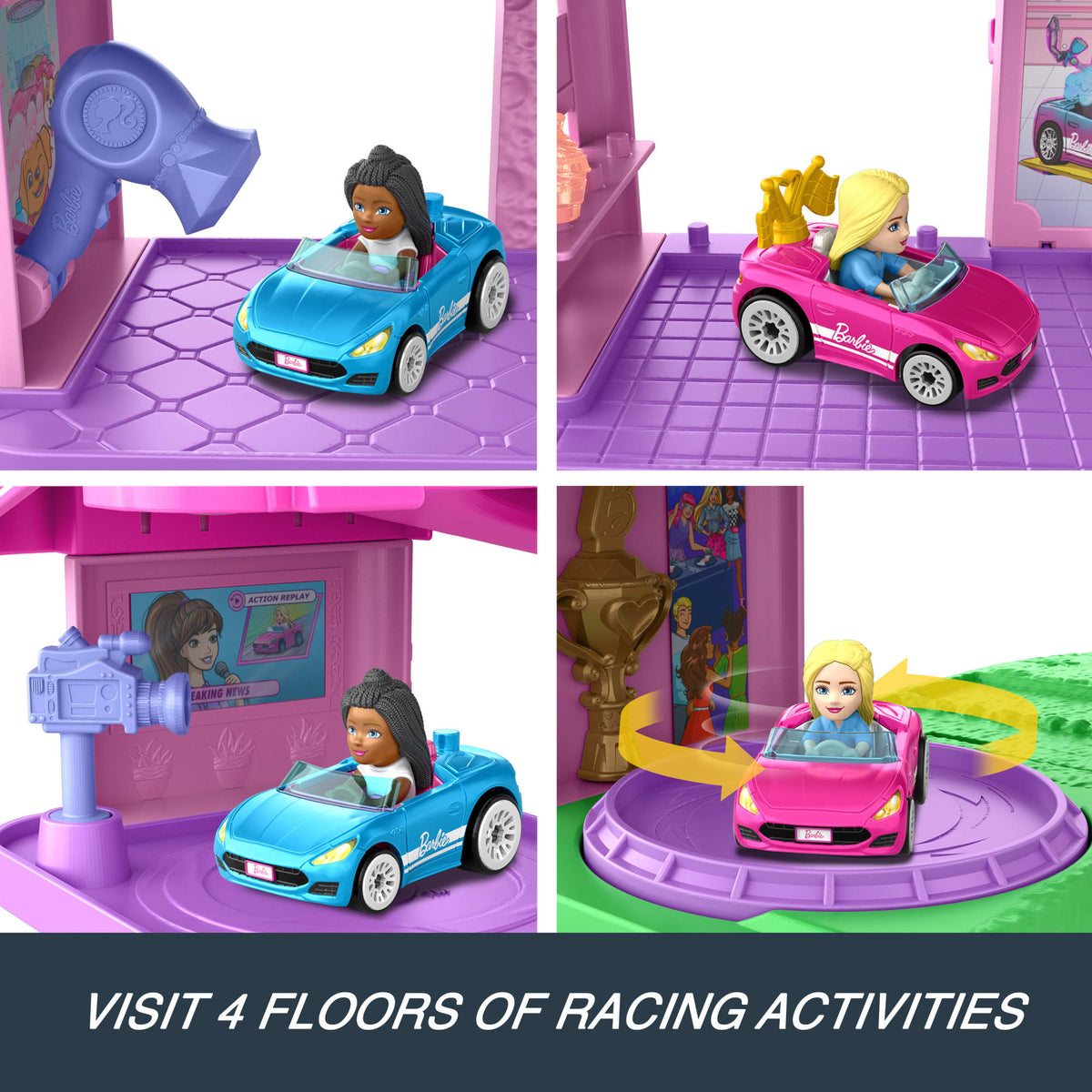 Hot Wheels Racerverse Barbie Spiral Race Track Set With Barbie “Malibu” & Barbie “Brooklyn” Toy Cars