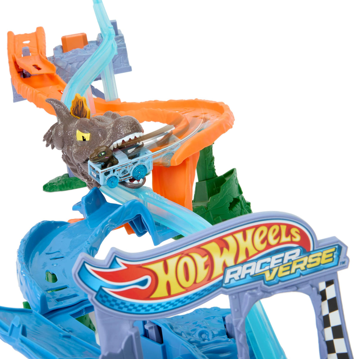 Hot Wheels Racerverse Jurassic World Crash & Splash Track Set & Die-Cast Dinosaur Toy Car