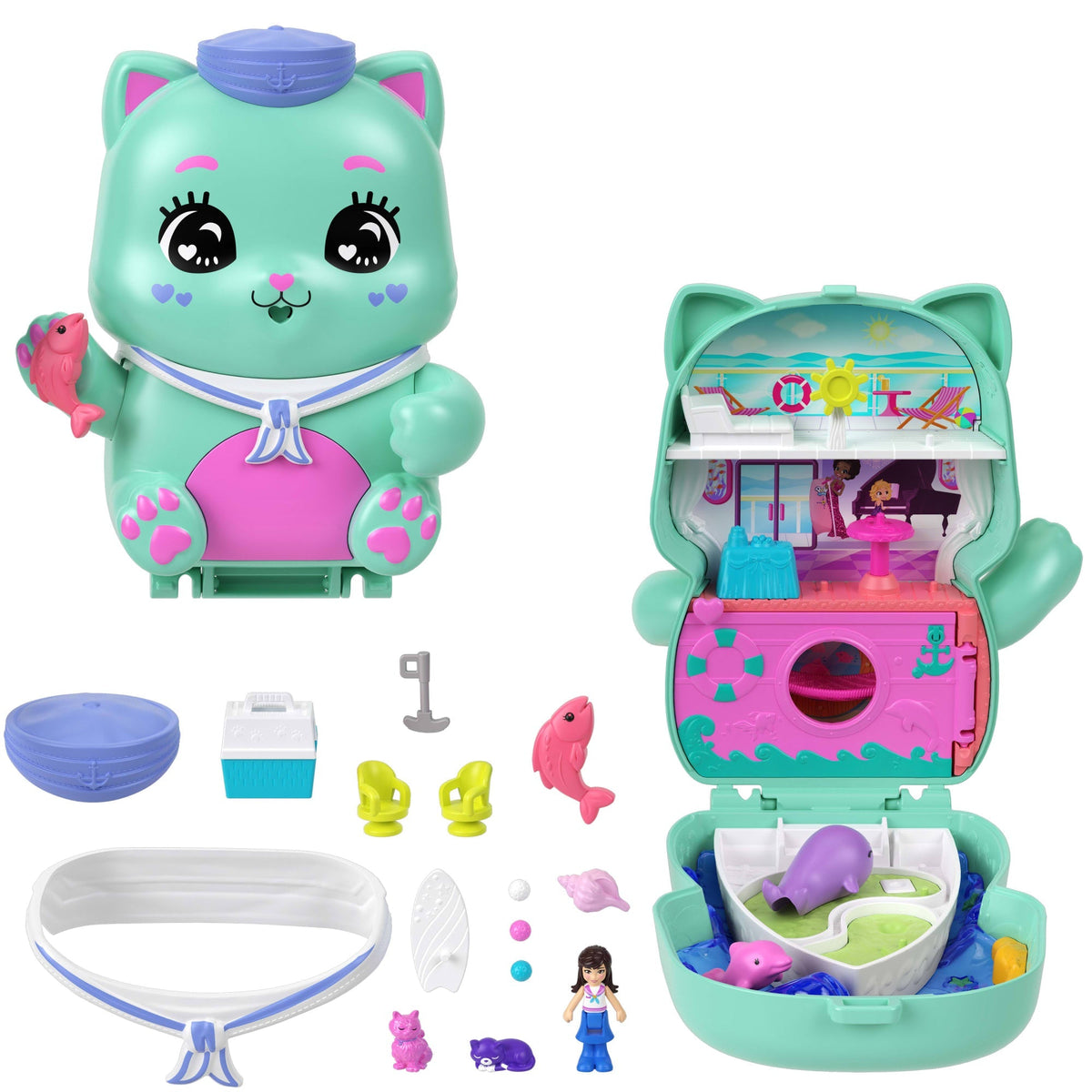 Polly Pocket Set Sail Kitty Compact Playset With 1 Micro Doll And Pet Cats, Travel Toy With Food & Styling Accessories