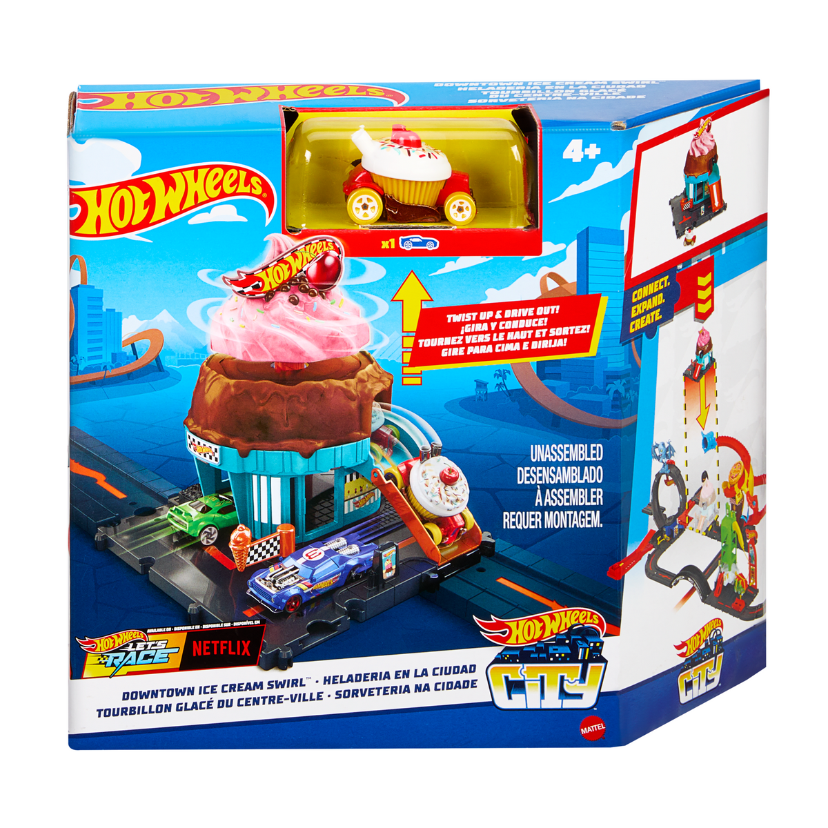 Hot Wheels City Downtown Ice Cream Swirl Playset From The Series “Let's Race” With 1 Toy Car
