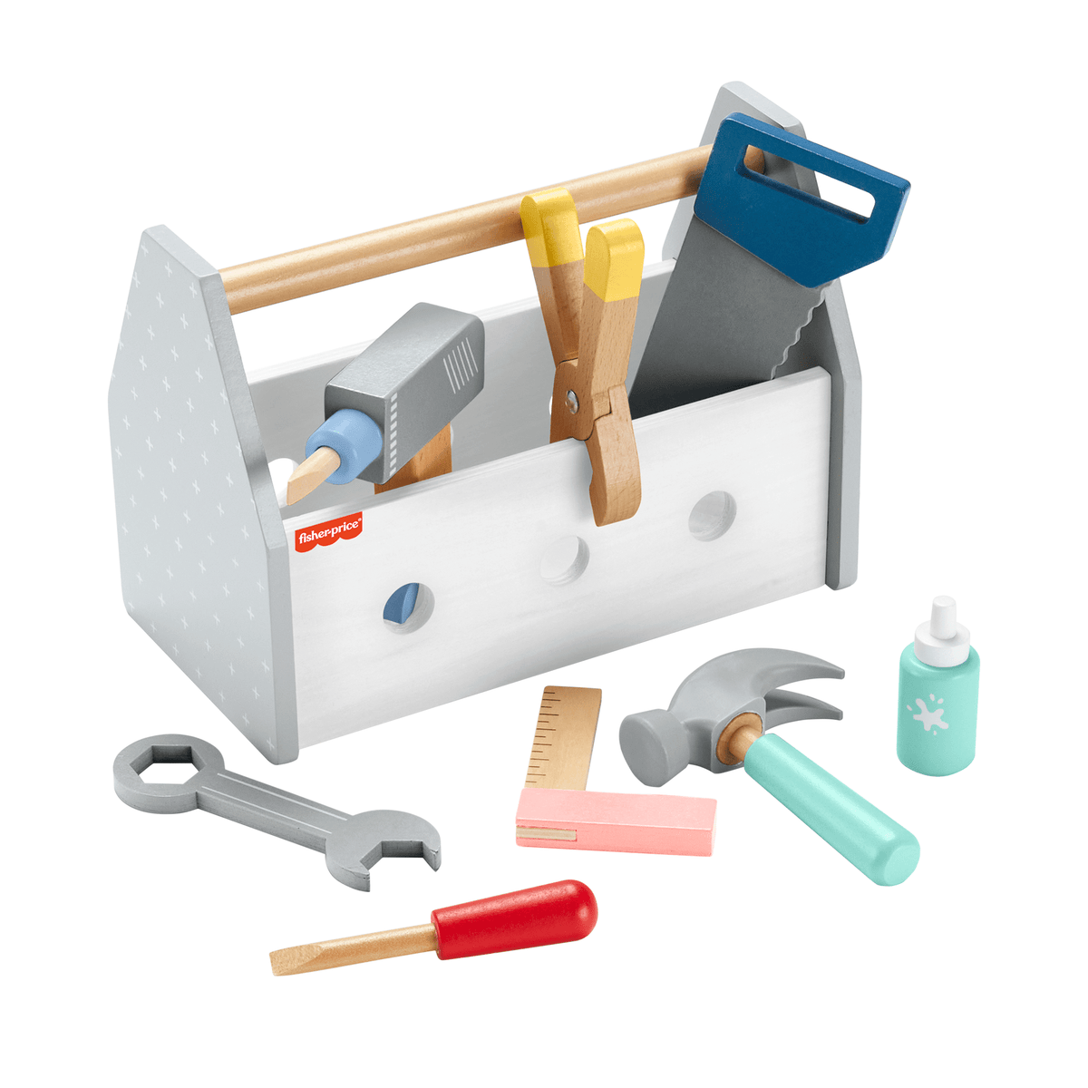 Fisher-Price  Coffret Boîte à Outils en Bois, 9Éléments en Bois