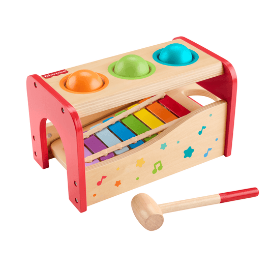 Fisher-Price Wooden Pound & Tap Bench Xylophone Toddler Musical instrument Toy, 6 Wood Pieces