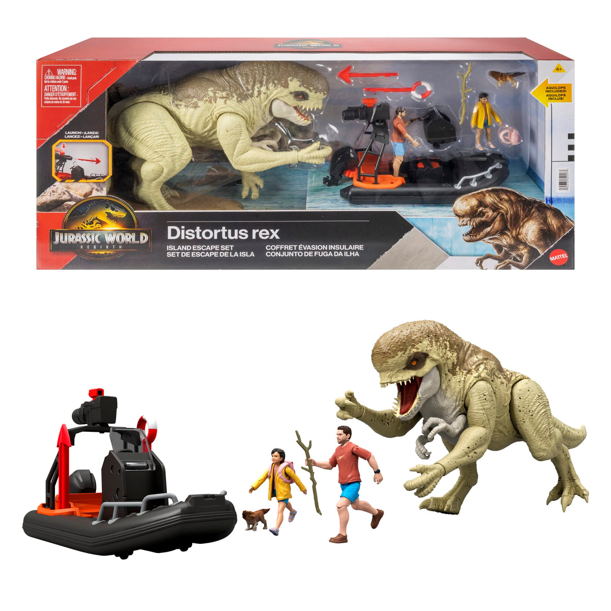 Jurassic World Rebirth Storypack With Raft, Distortus Rex, Adult, Child & Aquilops, Island Escape