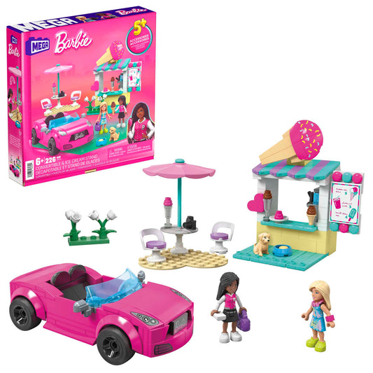 MEGA Barbie Convertible & Ice Cream Stand Building Toy Kit With 2 Micro-Dolls (225 Pieces)