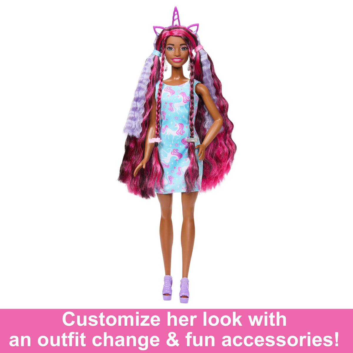 Barbie Fun & Fancy Hair Doll With Extra-Long Colorful Black Hair And Styling Accessories
