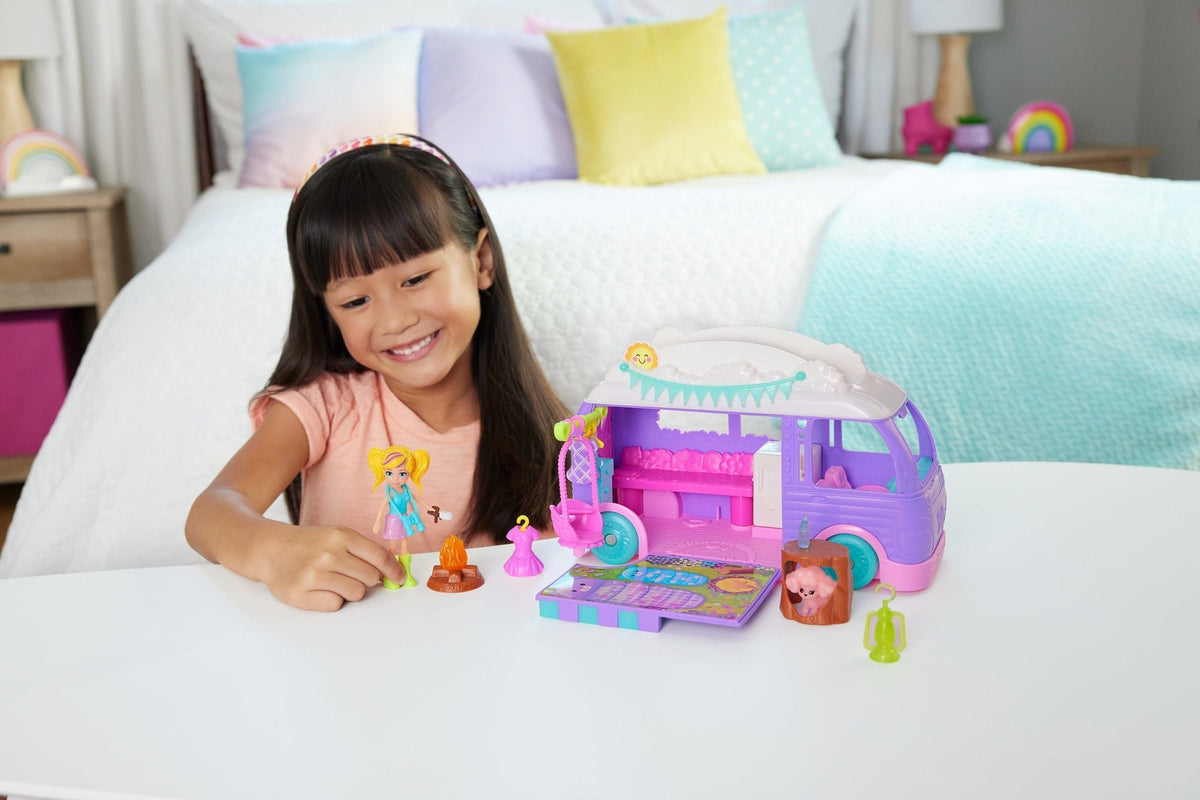 Polly Pocket Glamping Camper Van, Doll & Pet Playset, Camping & Food Accessories, Travel Toy