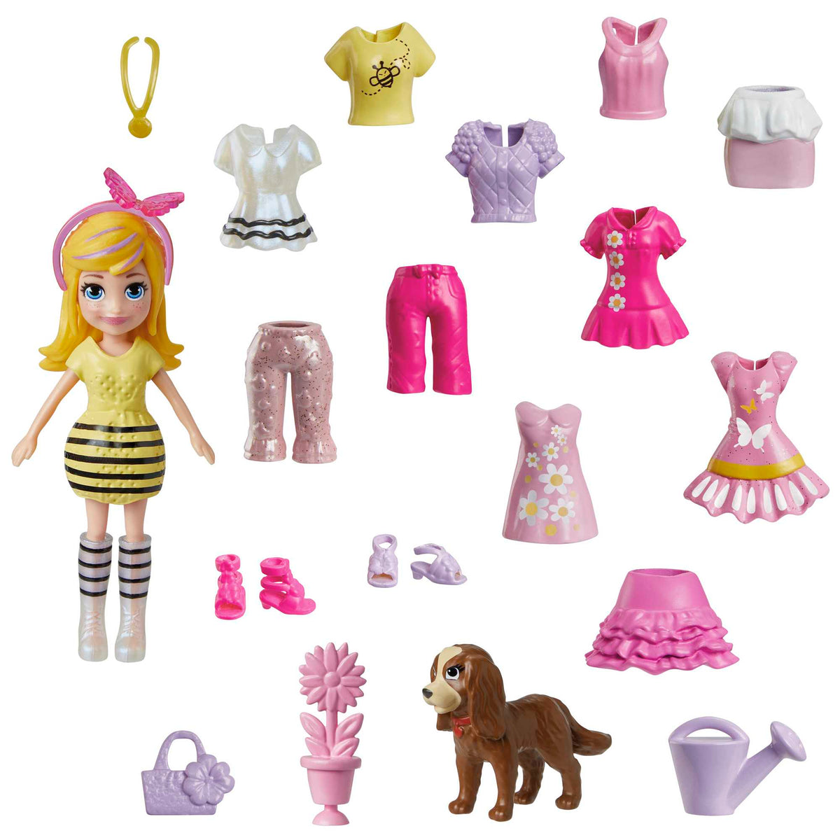 Polly Pocket Coffret Poupée et 18 Accessoires, Chiot et Thème Floral