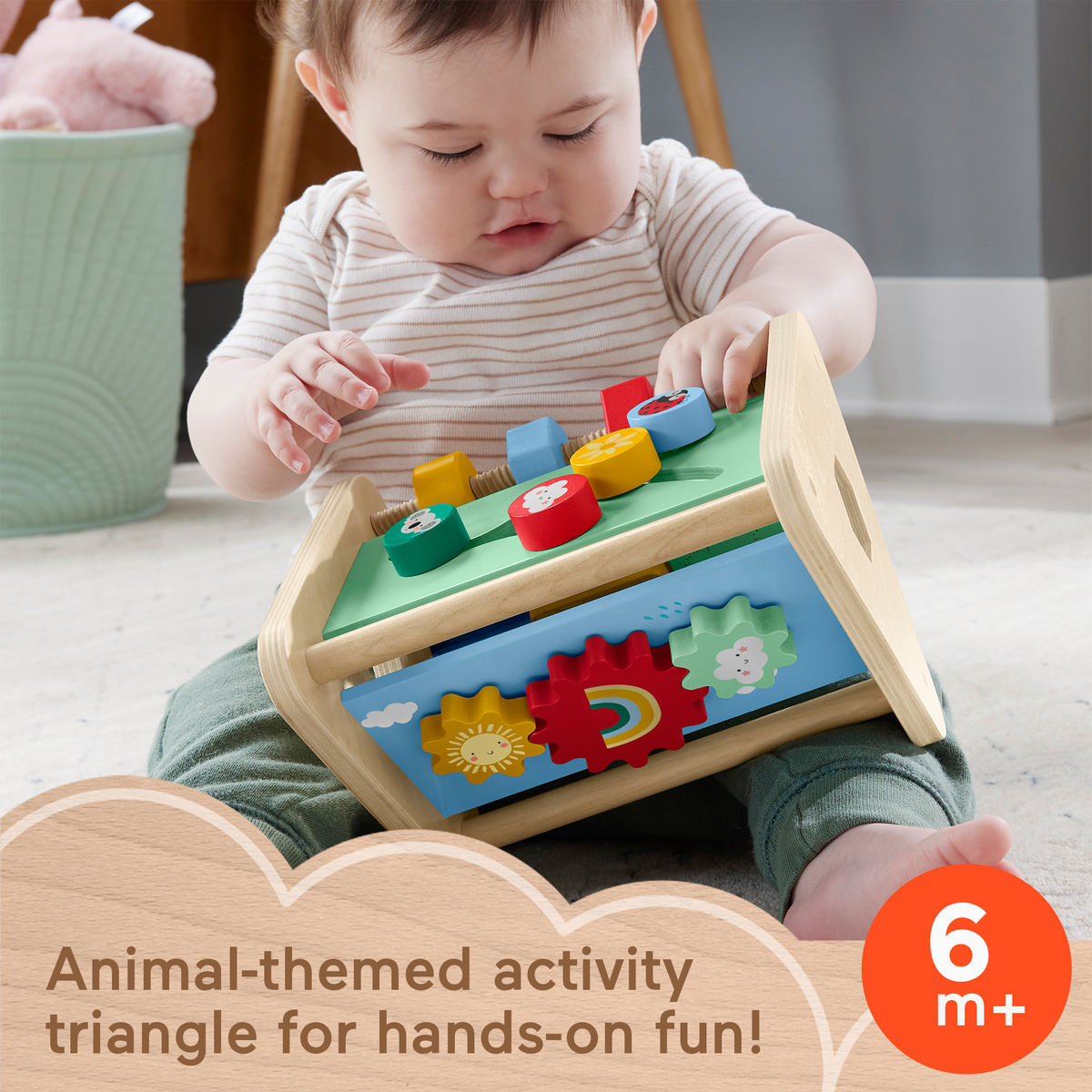Fisher-Price Wooden Activity Triangle, 2-Sided Fine Motor Toy For Baby, 1 Wood Piece