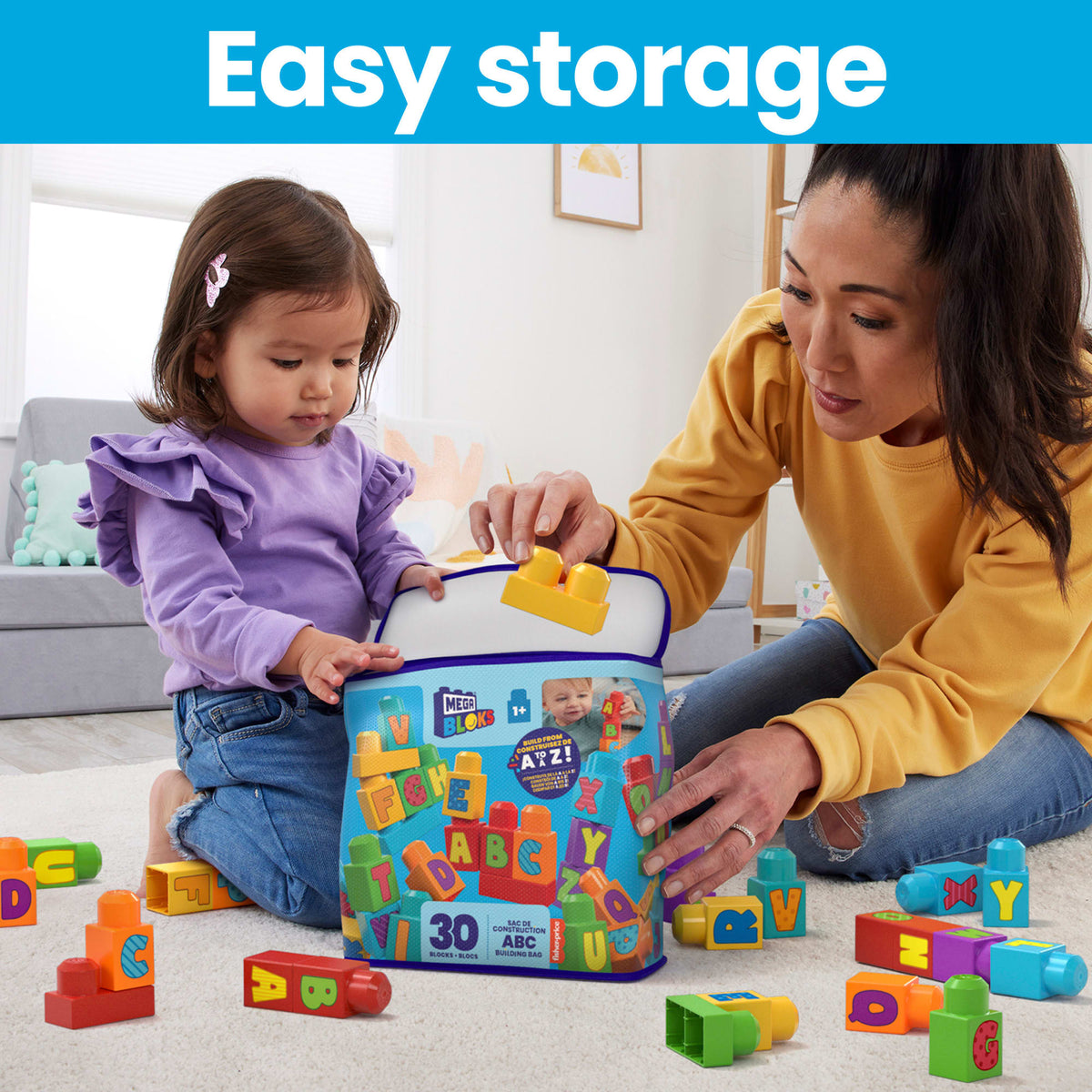MEGA Bloks Fisher-Price ABC Building Bag Block Toy With Storage (30 Pieces) For Toddler