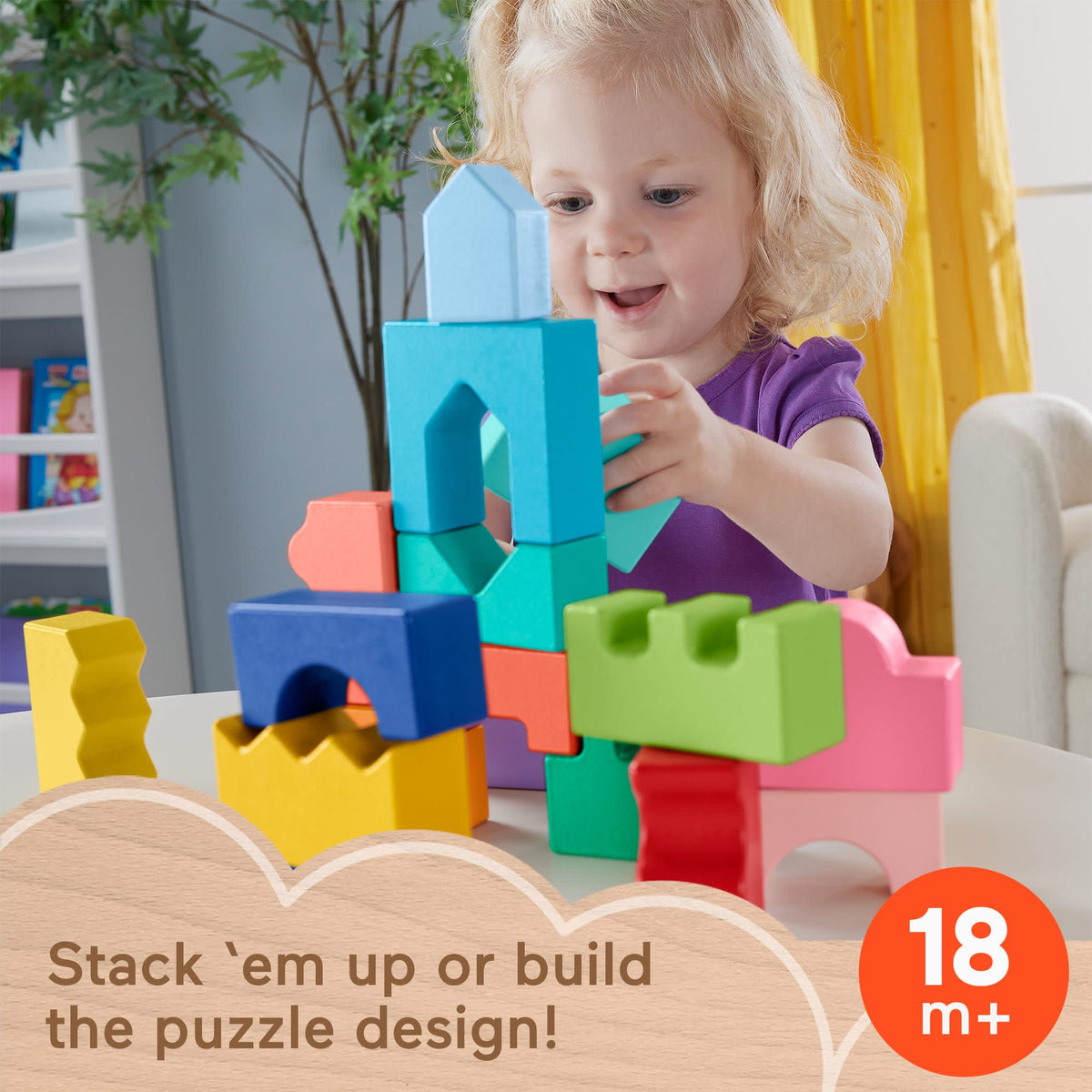Fisher-Price Wood Toddler Toy Interlocking Blocks Stacking Jigsaw Puzzle With 20 Wooden Pieces For Kids Ages 18+ Months