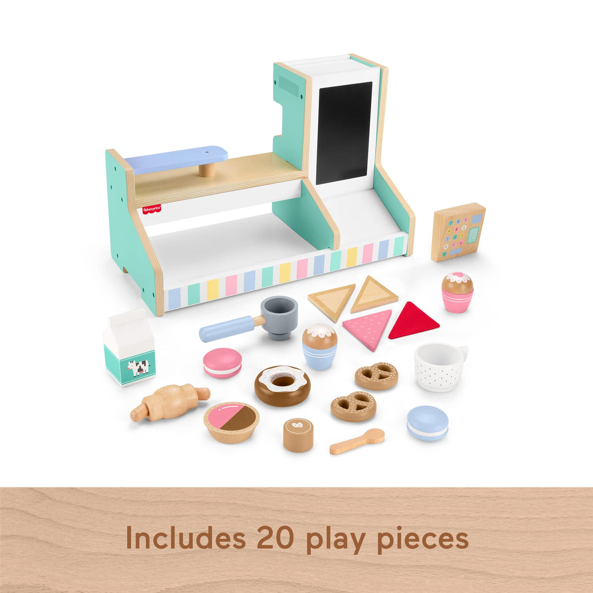 Fisher-Price Wooden Coffee Shop Set For Preschool Pretend Play, 20 Wood Pieces