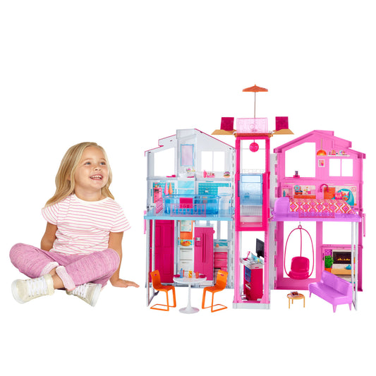Barbie 3-Story Townhouse Dollhouse With Elevator, Swing Chair, Furniture And Accessories