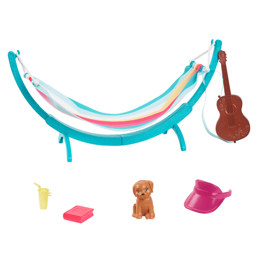 Barbie World Hammock Set With 7 Camping Accessories Including Swinging Hammock With Guitar & Puppy