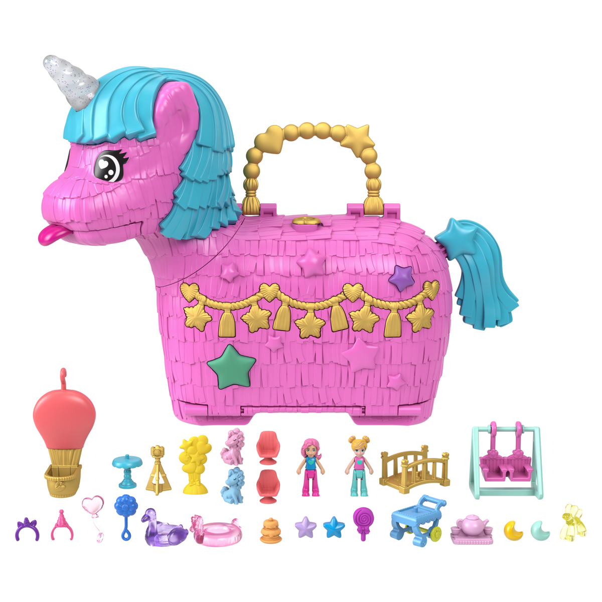 Polly Pocket Unicorn Partyland Playset With 2 Micro Dolls, Pets & 25+ Surprise Accessories, Birthday Celebration With Hot Air Balloon Ride
