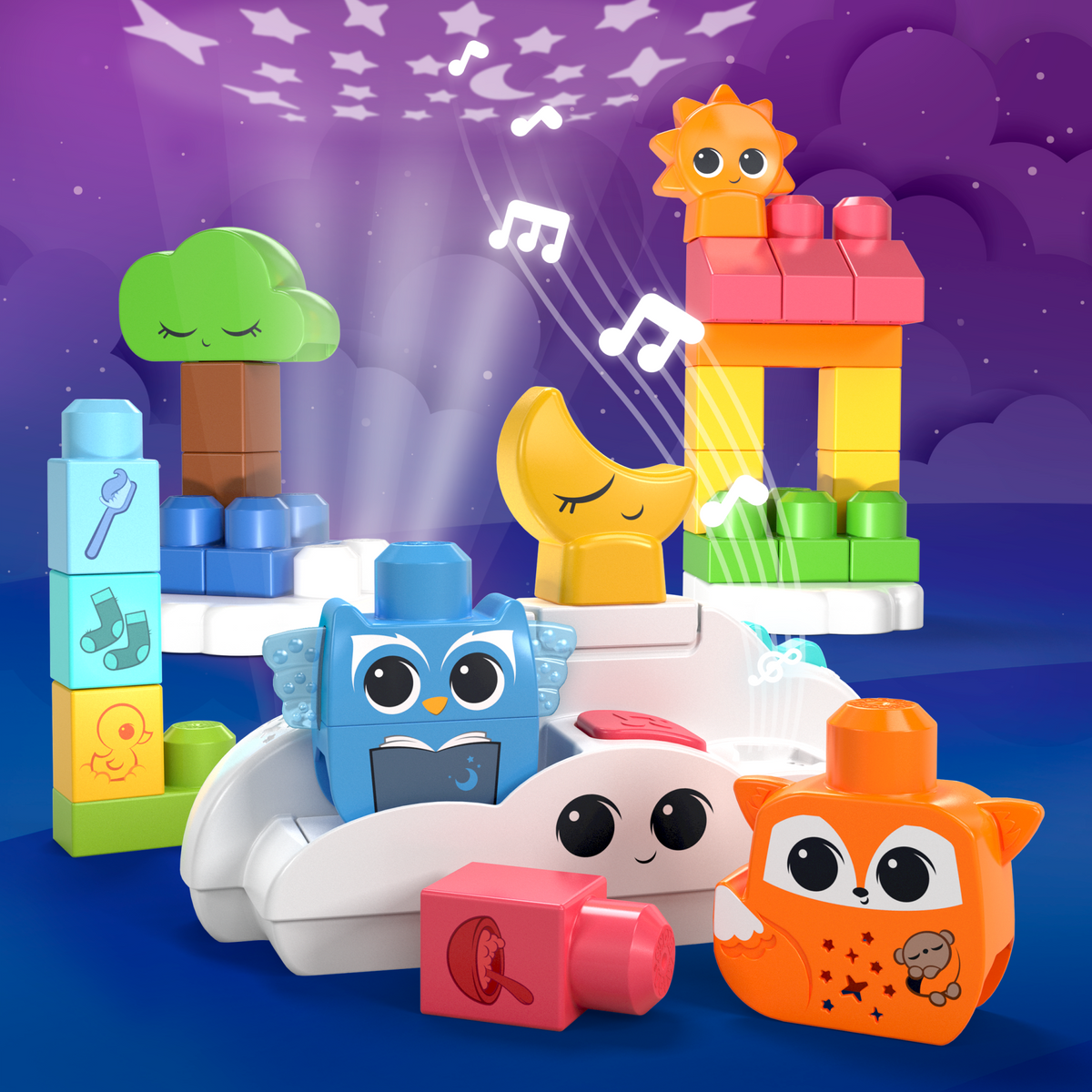MEGA BLOKS Fisher- Price Rise & Snooze Night Light Sensory Block Toy (30 Pieces) For Toddler