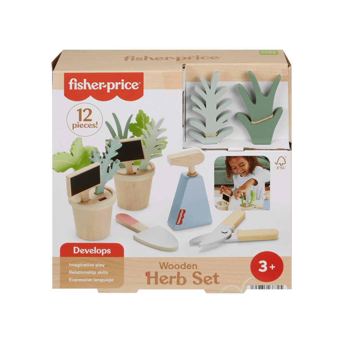 Fisher-Price Wooden Herb Garden And Tools Pretend Playset For Preschool Kids, 12 Wood Pieces