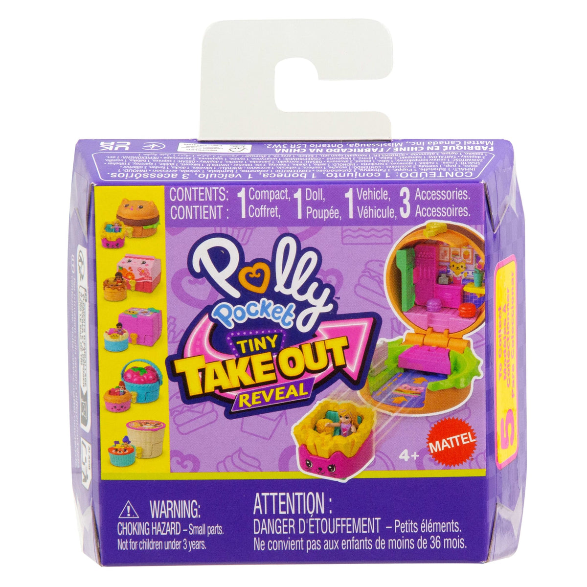 Polly Pocket Tiny Take Out Reveal Assortment, Micro Dolls & Compacts With Toy Cars, Food Theme Vehicle Collection