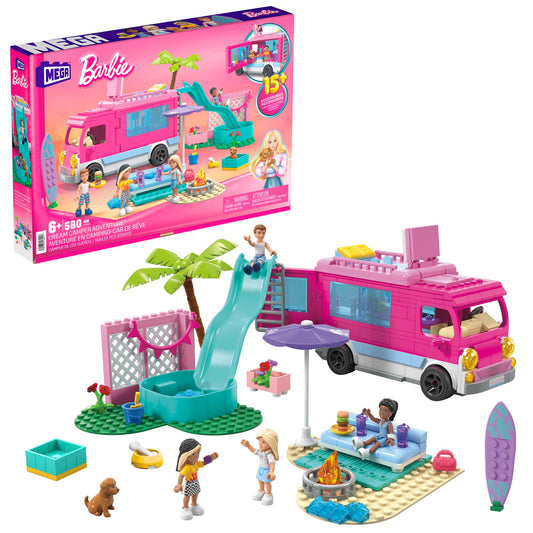 MEGA Barbie Dream Camper Adventure Building Kit Playset With 4 Micro-Dolls (580 Pieces)