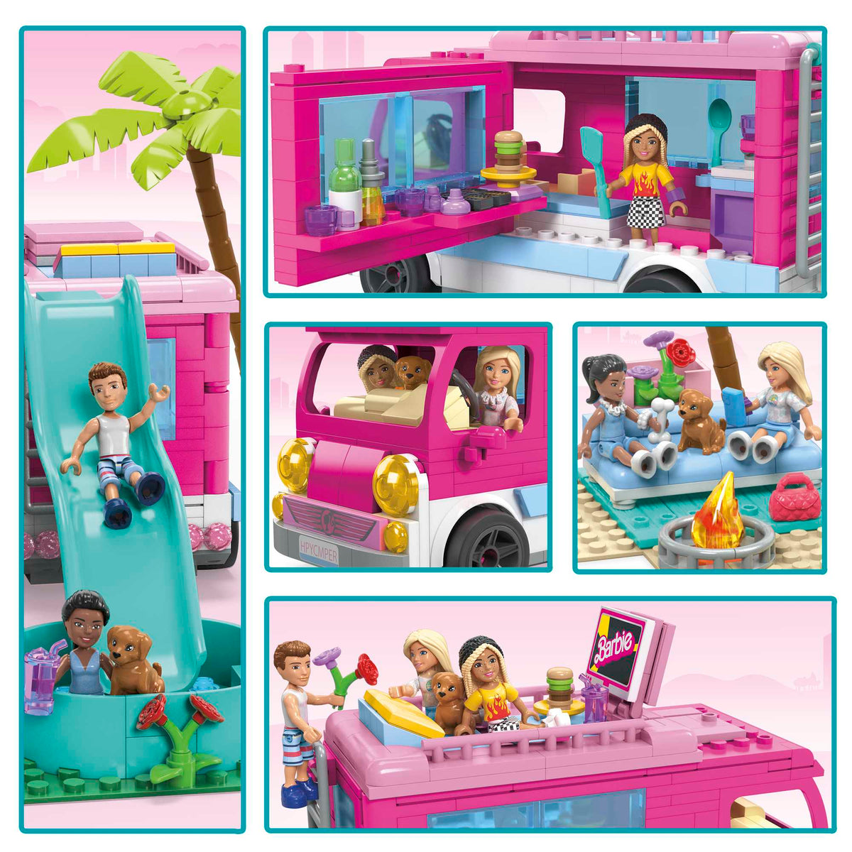 MEGA Barbie Dream Camper Adventure Building Kit Playset With 4 Micro-Dolls (580 Pieces)