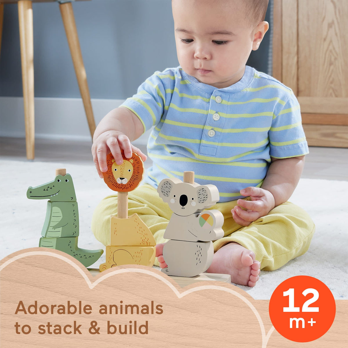 Fisher-Price Wooden Stack & Sort Animals Baby & Toddler Toy, 10 Wood Pieces