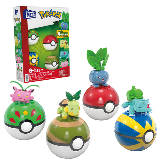 MEGA Pokémon Grass-Type Trainer Team Building Toy Kit, 4 Action Figures (118 Pieces) For Kids